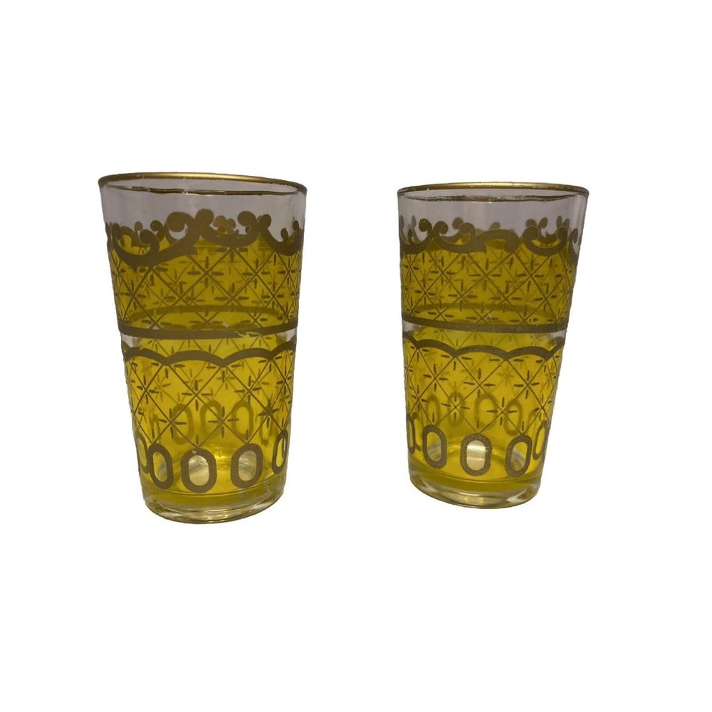 Vtg Moroccan Style Tea Glasses Yellow and Gold Set of 2 Persian Turkish Cordial